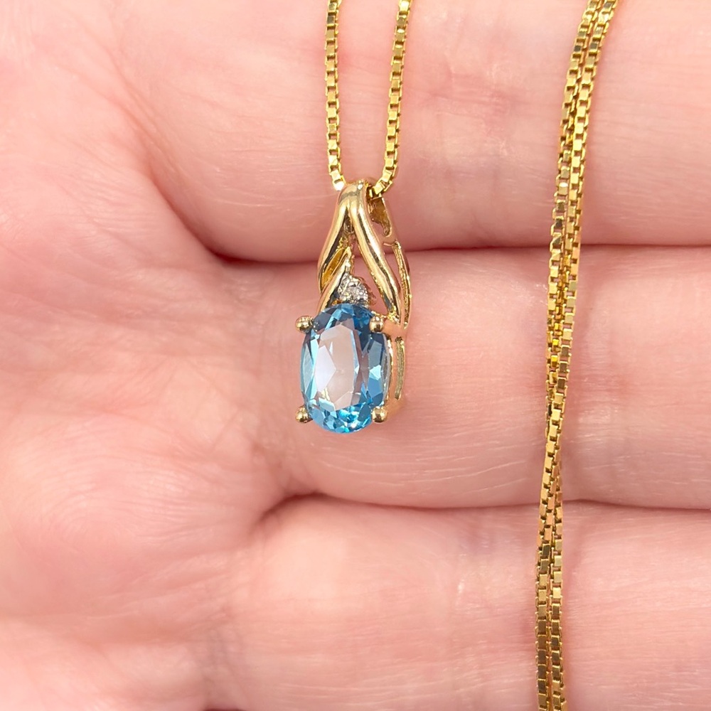 10K Blue Topaz Diamond Pendant: Dainty Small Gold Oval Solitaire Filigree Piece - Picture 6 of 11